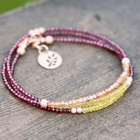 Natural Yellow Sapphire & Rhodolite Garnet Wrap Bracelet: 14k Rose Gold Filled - Picture 3 of 10